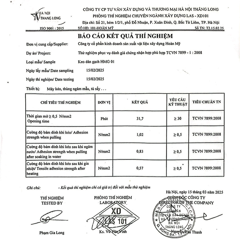 Giấy chứng nhận chất lượng keo dán gạch Hoàn Mỹ HMG-01